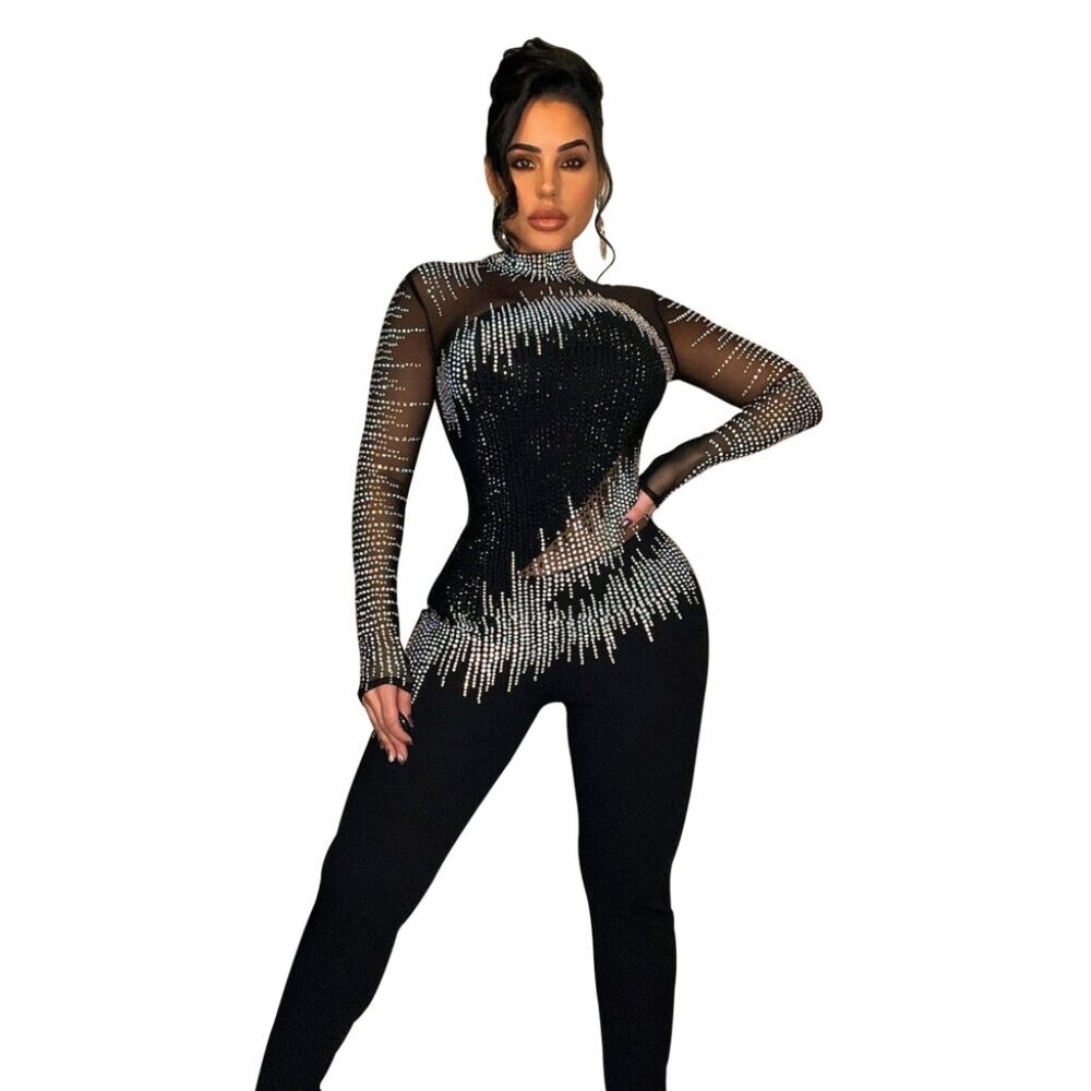 Mock Neck Fringe Rhinestone Jumpsuit – Sparkly Sheer Mesh Performance Catsuit
